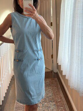 Vintage Style Chambray Shift Dress Braided Trim Gold Buttons Cottagecore 90s Min